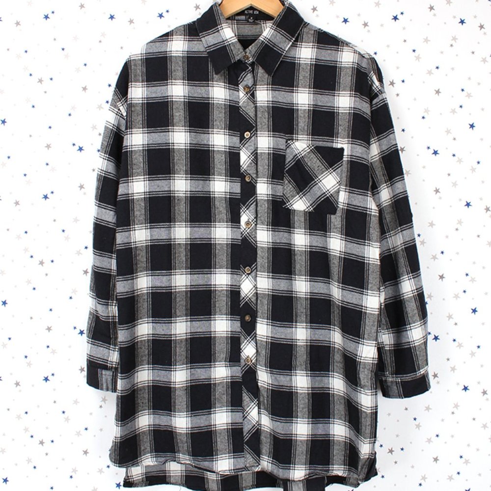 Dark Navy Off White Flannel Plaid Boyfriend Oversized Shirt Button Up